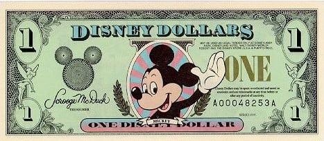 A 1-dollar Disney Dollar, featuring Mickey Mouse.
