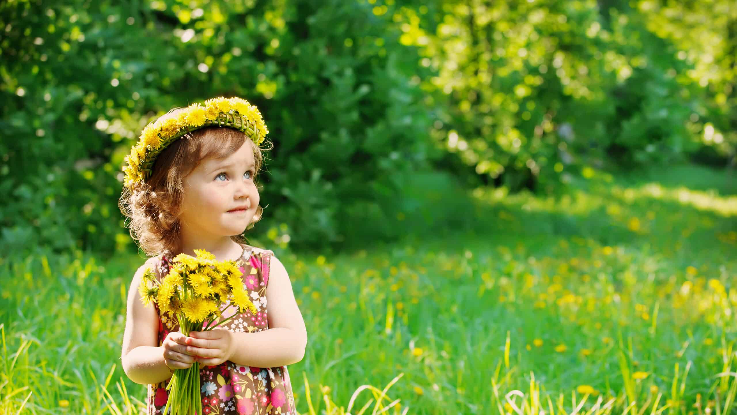 Sweet toddler girl with floral head wreath on and flowers bunch in hands