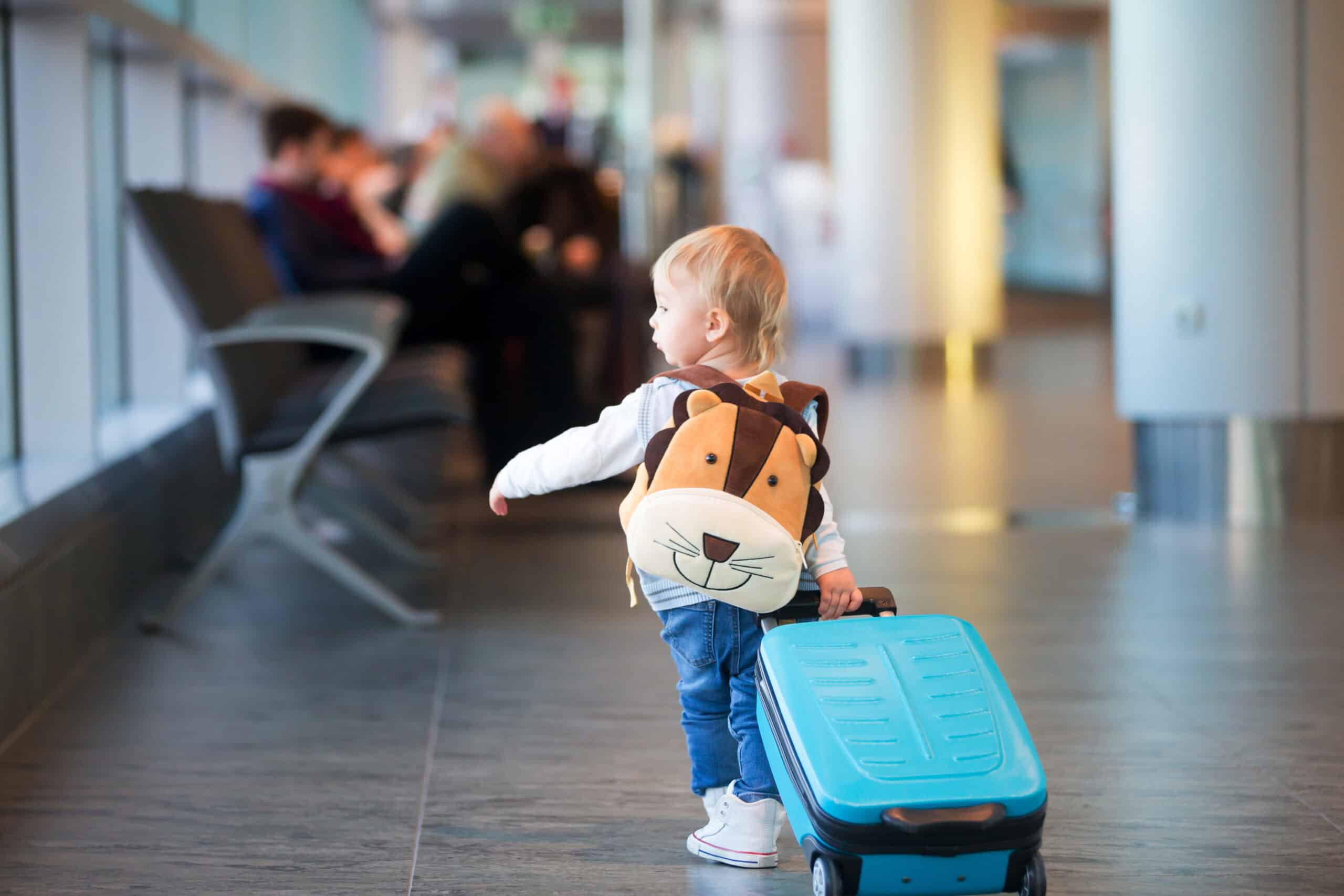 Children, traveling together, waiting at the airport to board the aircraft