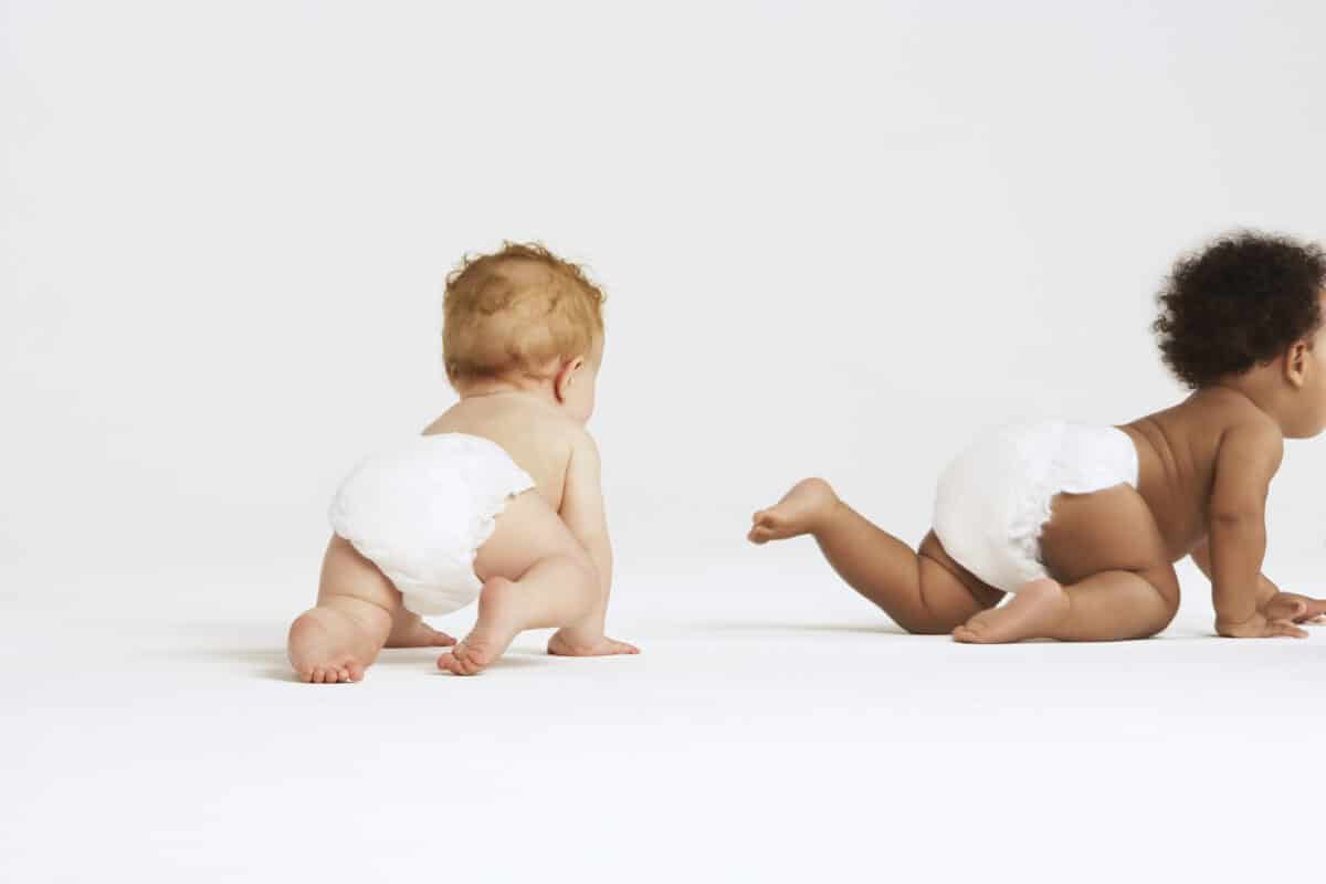 Baby boys crawling isolated on white background