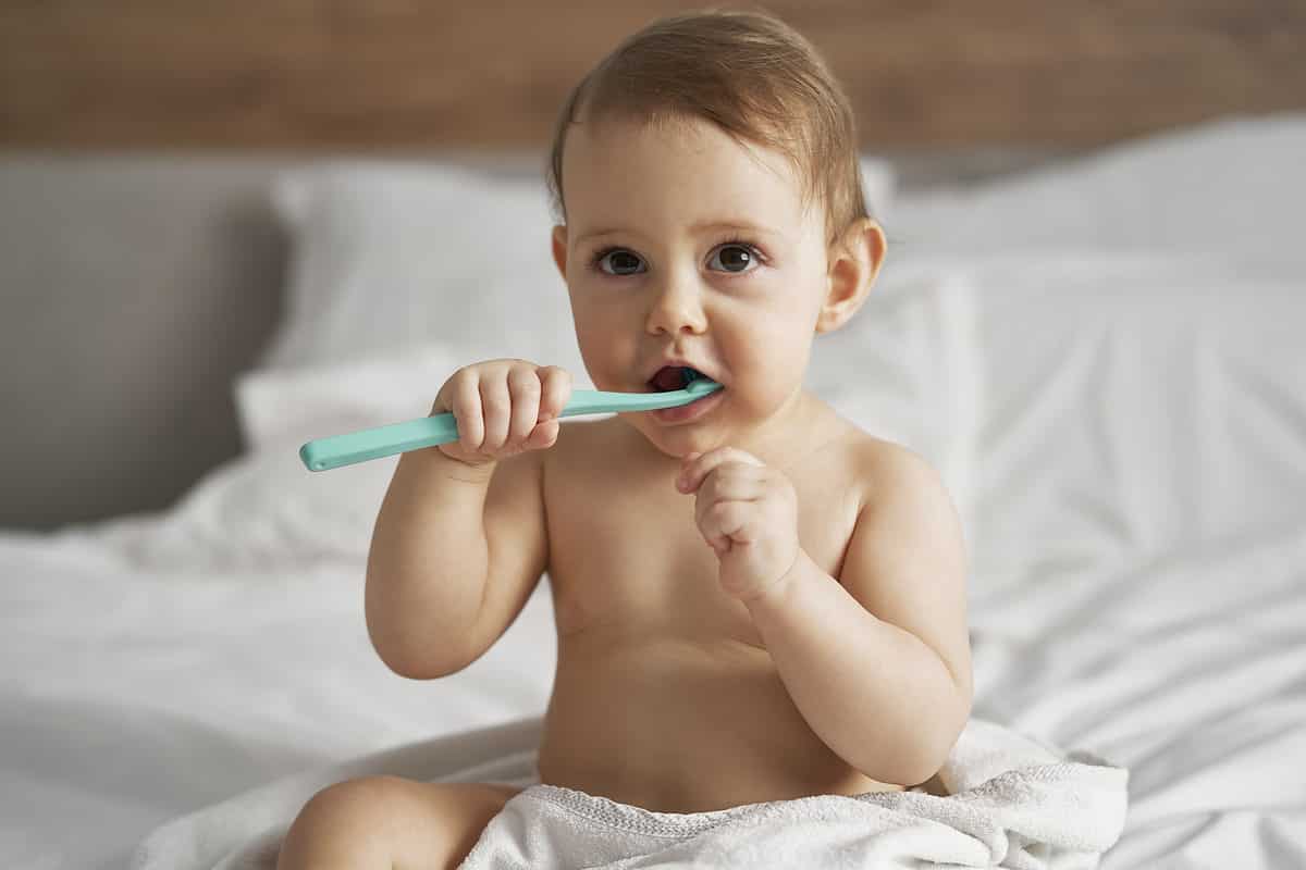 Infant brushing their baby teeth.