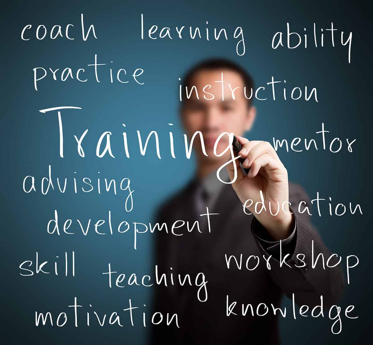 A light=skinned male presenting human is visible behind a transparent board with many words written on it. He is holding a marker in his left hand, frame right, as if finishing writing the word "Training" in white ink, larger than the rest of the words in, the center of the transparent board . The other words n the board, clockwise from left to right, top to bottom  are: top: Coach, learning, ability. Next line: Practice, instruction. On the same line as Training, but smaller, an to the right:  Mentor. Below the word training in two hap=hazard vertical rows are the words: advising, development, education, workshop, skill, teaching, motivation, knowledge. Slate bluet gray background. 