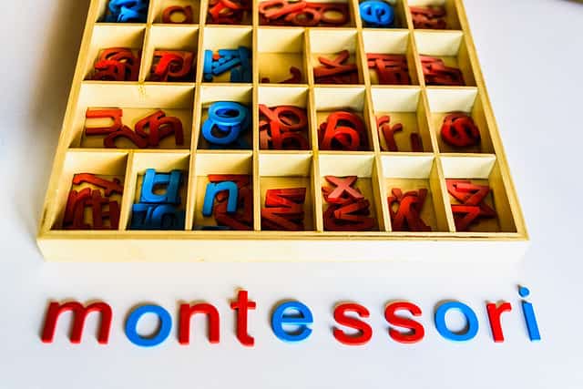 A natural wooden box center frame top 2/3rd of frame. Twenty-one rectangular partitioned spaces are fully visible, while 7 more are partially visible at the very top of the frame. Each rectangular space holds a letter that is either red or blue. in the lower 1/3 of the frame the word Montessori is visible. The vowels are blue while the consonants are red. All of the letters are lowercase. The layout of the letters is not precise.