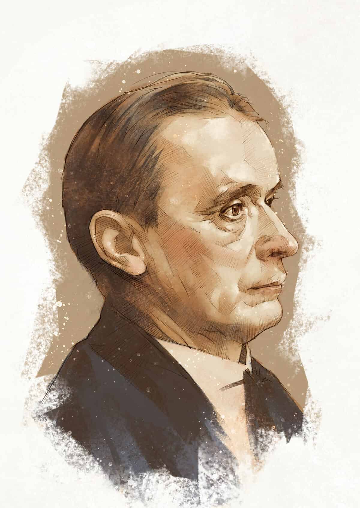 A water-color portrait (bust) of Rudolf Steiner He is facing frame right. his leg ear is visible. He's a basic light-skinned dude with a receding hairline painting has him wearing a jacket