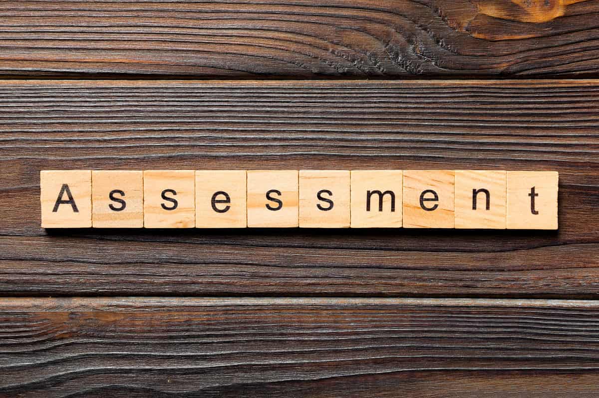 Generic Scrabble tiles also known as pieces of wood on which black letters have been written to spell the word assessment. There are 10 natural wood squares one letter on each square from left to right A-s-s-e-s-m-e-n-t. The AA is uppercase all of the other letters are lowercase. The tiles are placed in a straight horizontal line across the center of the frame against a wooden plank that is much darker than the squares. That dark plank is a center plank with two other planks above and below it visible in the frame.