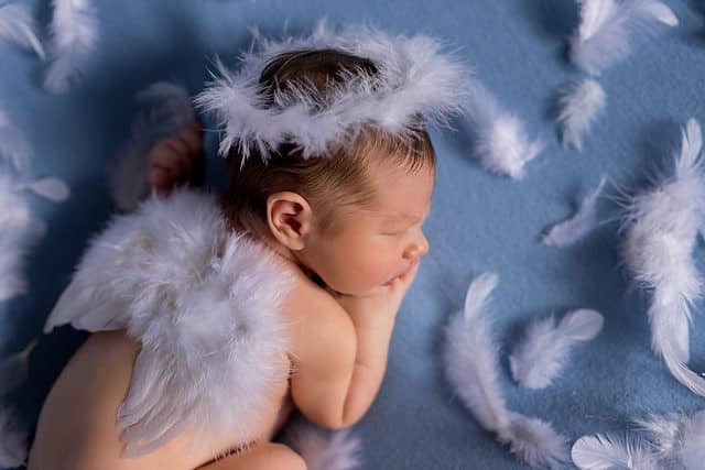 Portrait of a 5 day old newborn baby. He is wearing a Cupid costume with angel wings. Infant sleeps on a blue bedspread.