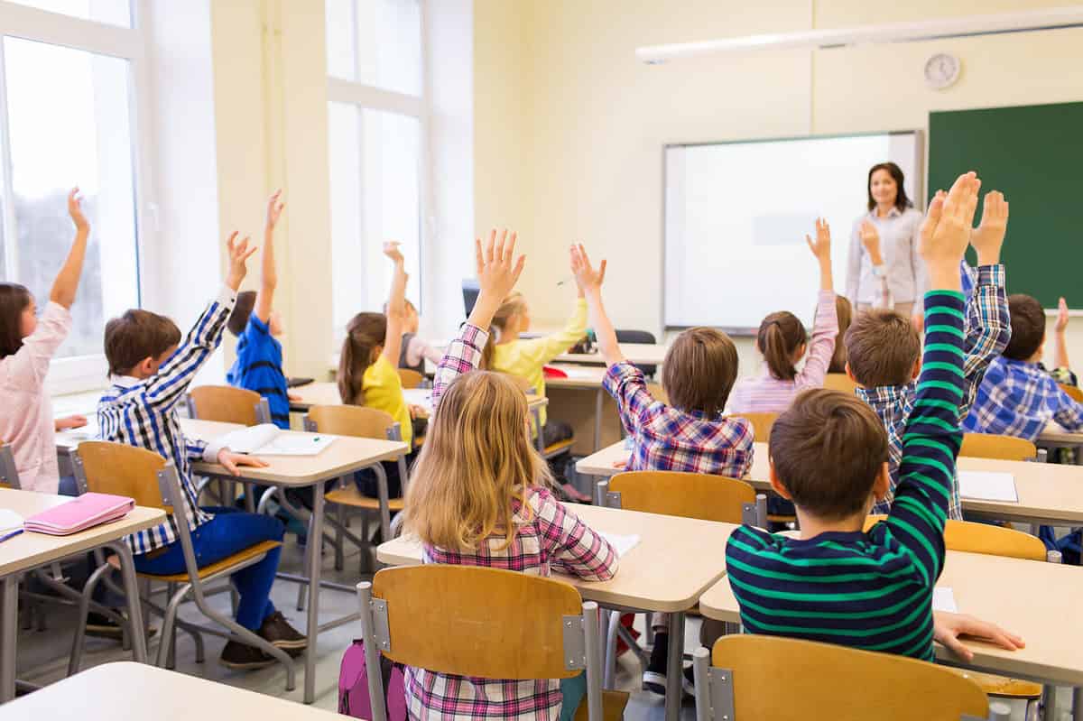 Traditional classroom setting with teacher at the front of the room, and students seated at desks with their hands raised.All of the children, who look about 8 years old, and the teacher are all light- skinned. Many of the dozen or so children visible in the frame are wearing plaid shirts, though one is wearing stripes. The room is bright with sunlight from the windows, frame left. A white dry erase board and a green chalkboard are visible in the fan of the classroom, upper right to center frame.