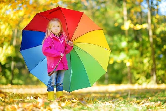 Cute little girl holding rainbow umbrella on beautiful autumn day. Happy child playing in autumn park. Kid gathering yellow fall foliage. Autumn activities for children.