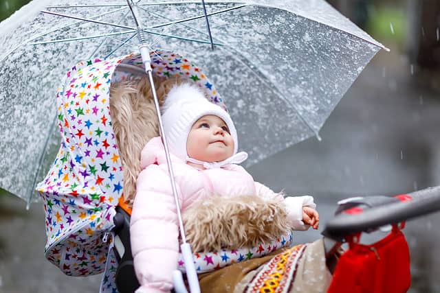 Cute little beautiful baby girl sitting in the pram or stroller on cold days with sleet, rain, and snow.