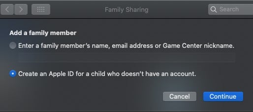 family sharing - create Apple ID