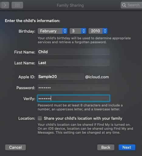 family sharing - enter family info