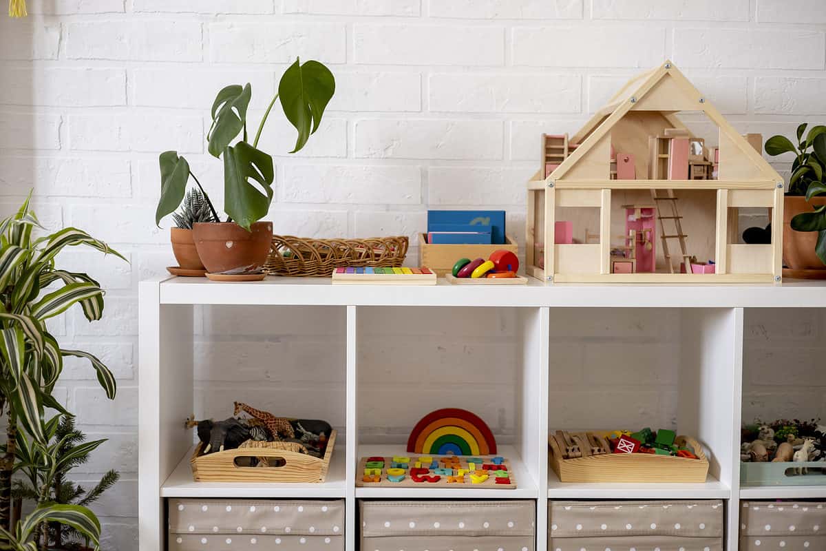 Montessori material on a shelf with neatly arranged toys.