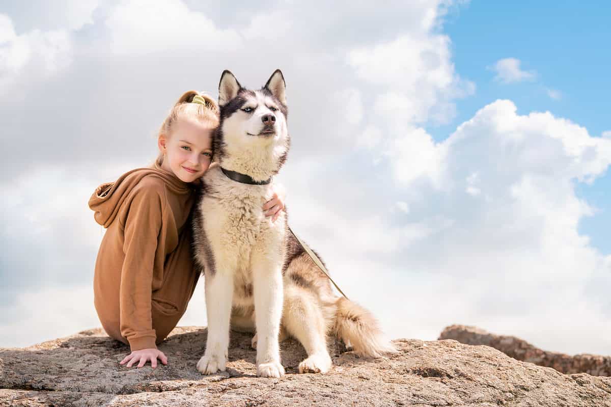 kid hugging a husky dog