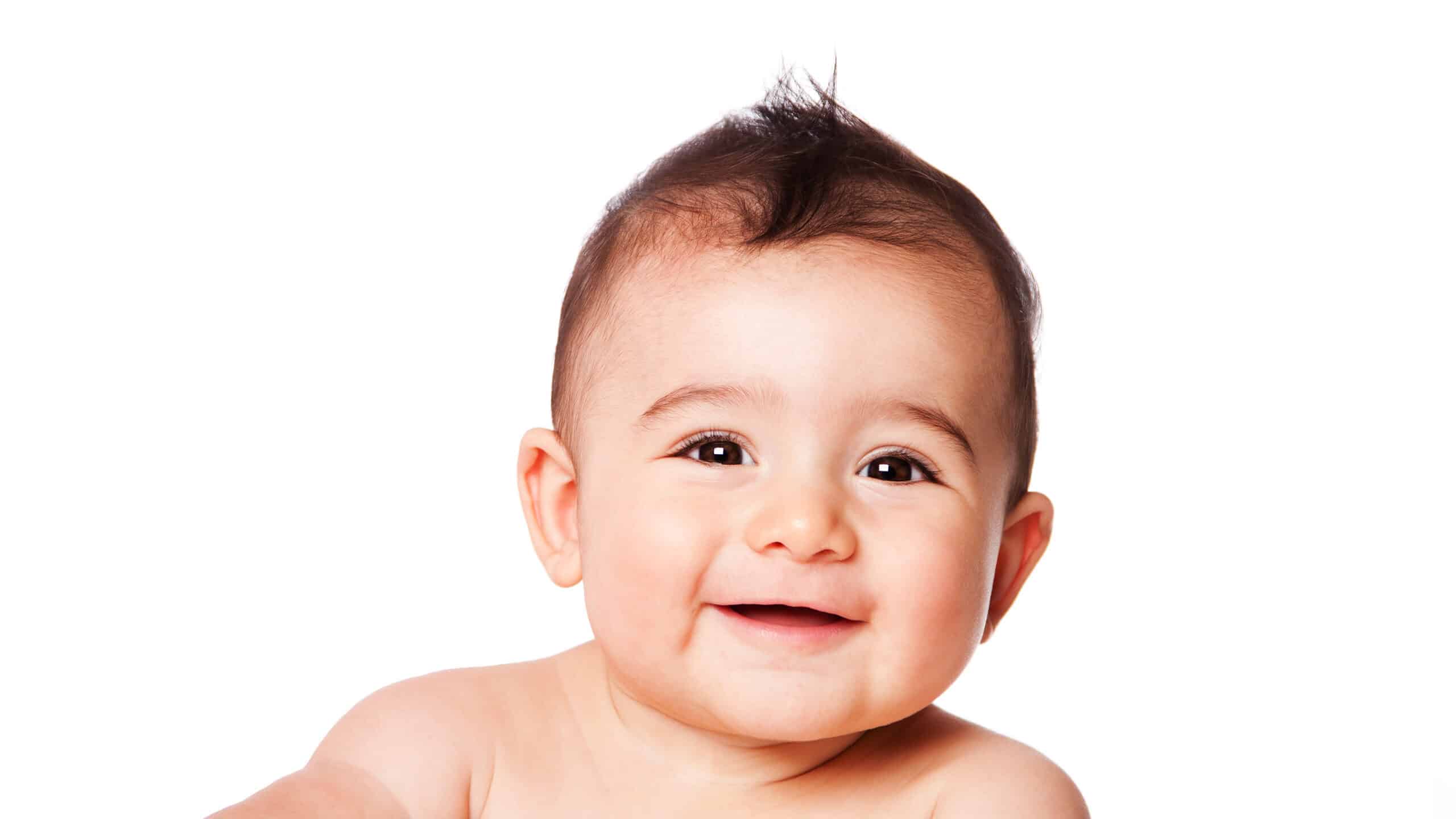 Beautiful expressive adorable happy cute laughing smiling baby infant face, isolated.