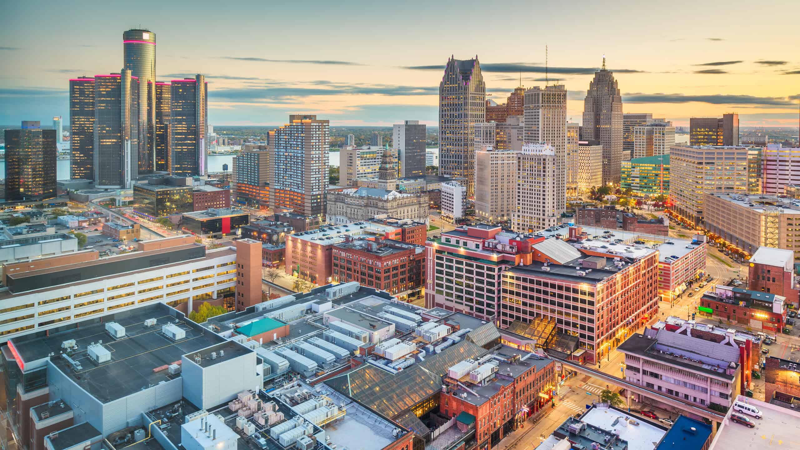 Detroit Michigan USA downtown skyline from above at dusk.