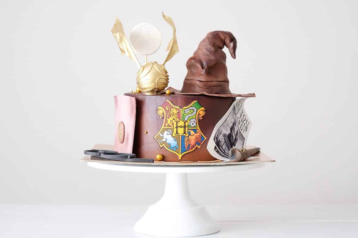 Harry Potter birthday cake with golden snitch and sorting hat on top.