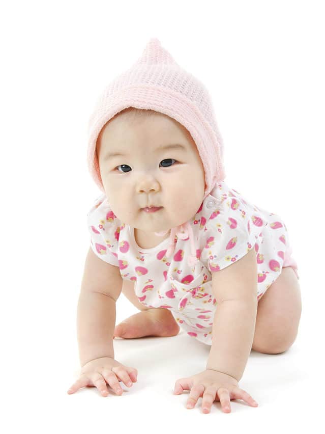 Portrait of full length adorable Asian baby girl in pink clothes crawling on floor, isolated on white background.