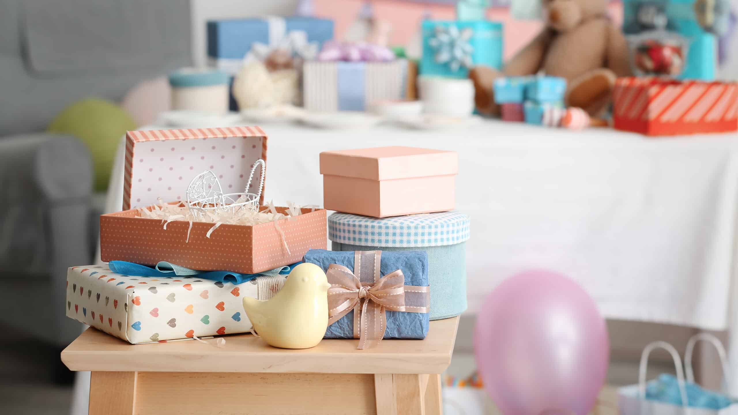 Presents and decorations for a baby shower