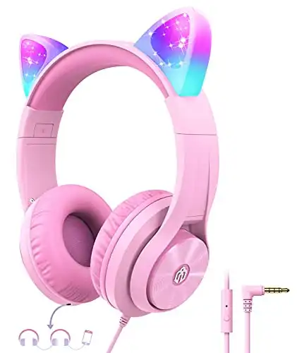 iClever Cat Ear Led Light Up Kids Headphones with Microphone