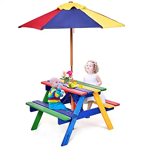 Costzon Kids Picnic Table, Wooden Table & Bench Set with Removable & Foldable Umbrella