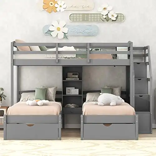 Triple Bunk Beds with Stairs and Storage