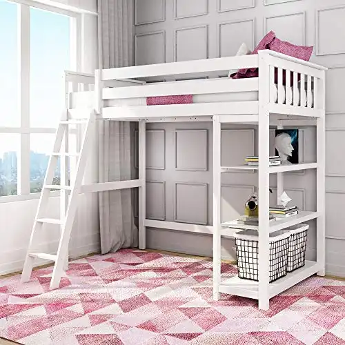 Max & Lily High Loft Bed, Twin Bed Frame For Kids With Bookcase