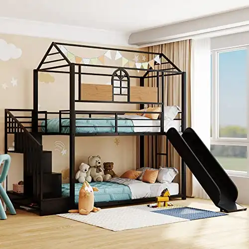 Twin Over Twin Bunk Bed with Stairs and Storage