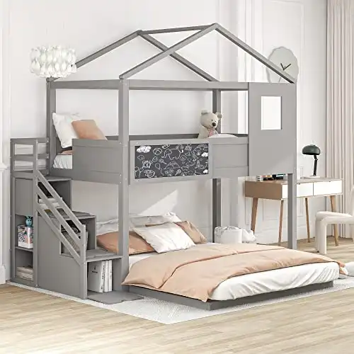 Harper & Bright Designs Twin Over Full House Bunk Bed with Stairs and Blackboard