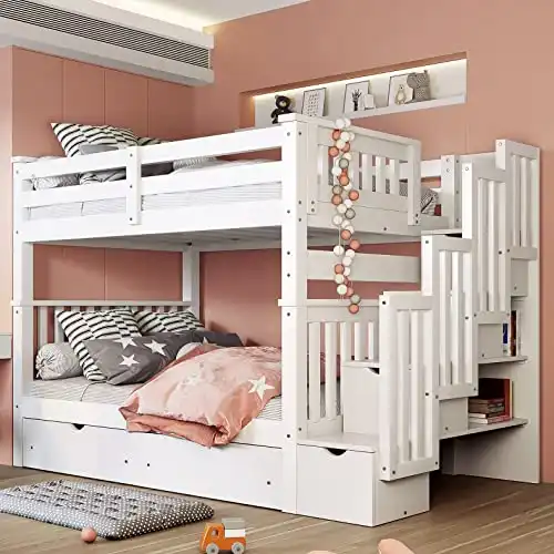 MERITLINE Full Over Full Bunk Bed with Stairs