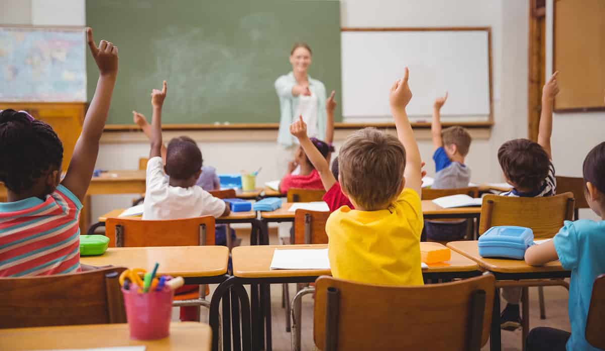 A group of elementary school students raising their hands in class.