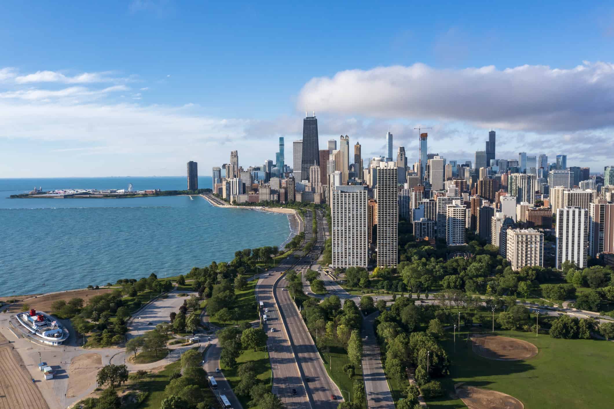 Aerial photo of a downtown skyline along the lake