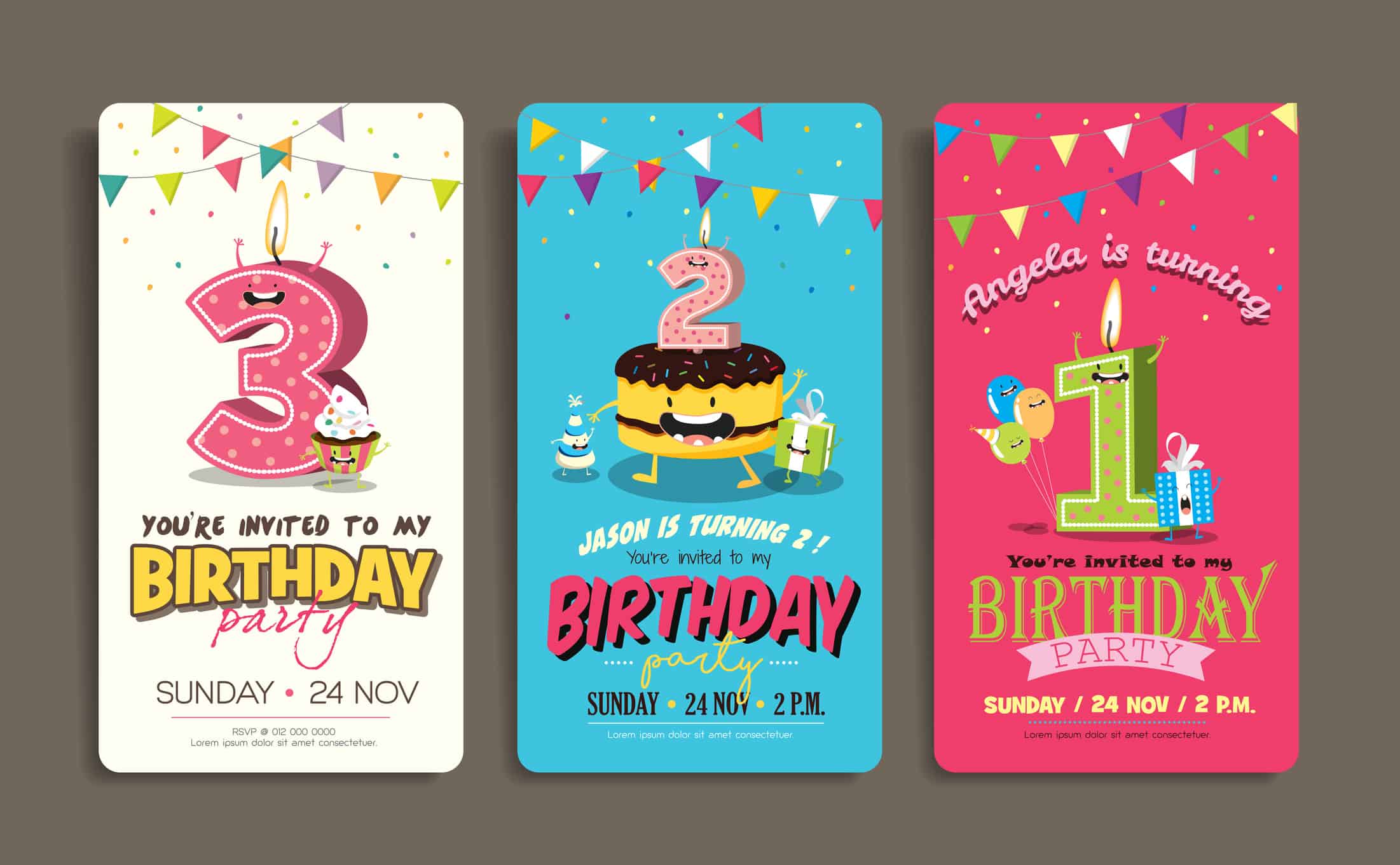Birthday Anniversary Numbers Candle with Funny Character & Birthday Party Invitation Card Template