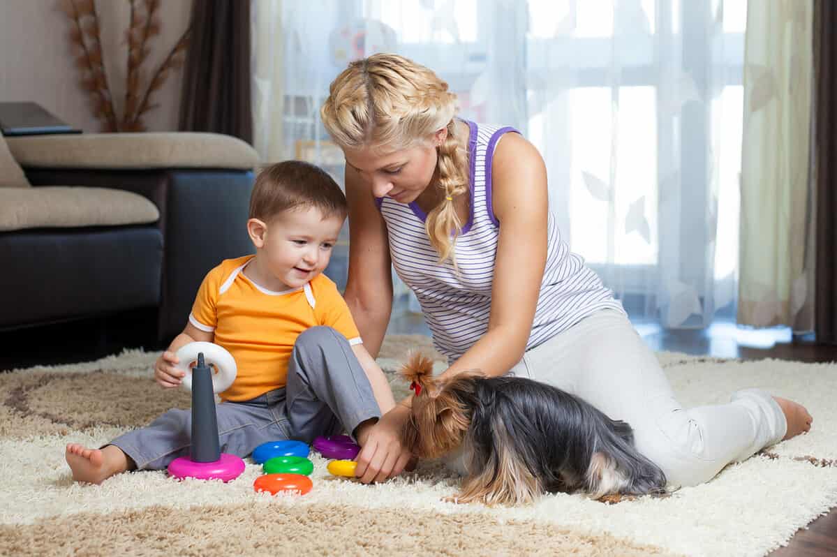 Mother and son playing with toys