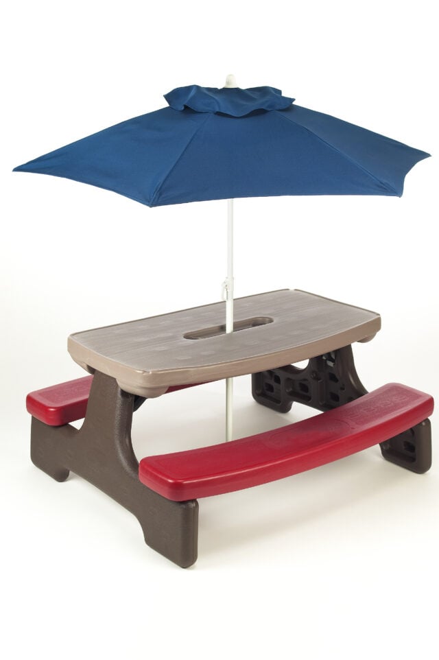 kids picnic tables with an umbrella