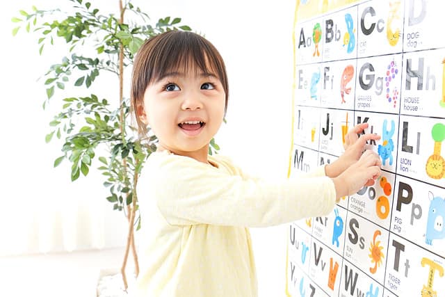 Happy girl pointing at alphabet on chart
