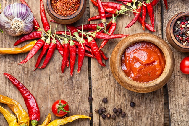 Chili sauce on wood background.Spicy sauce for meat food