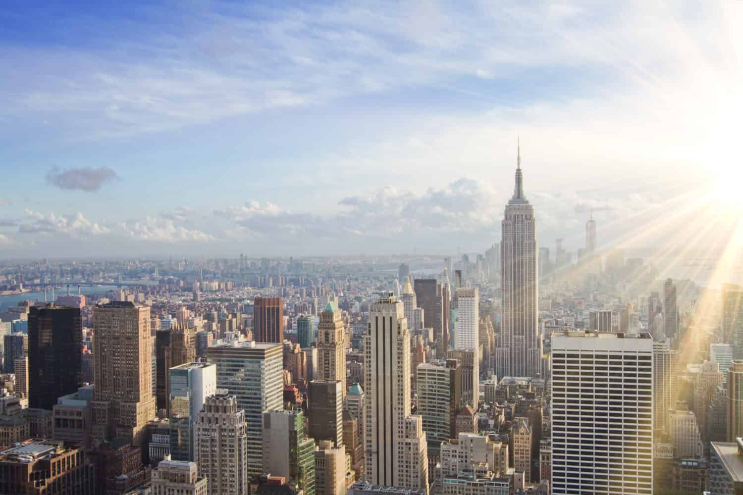 urban skyline at sunset. New York city