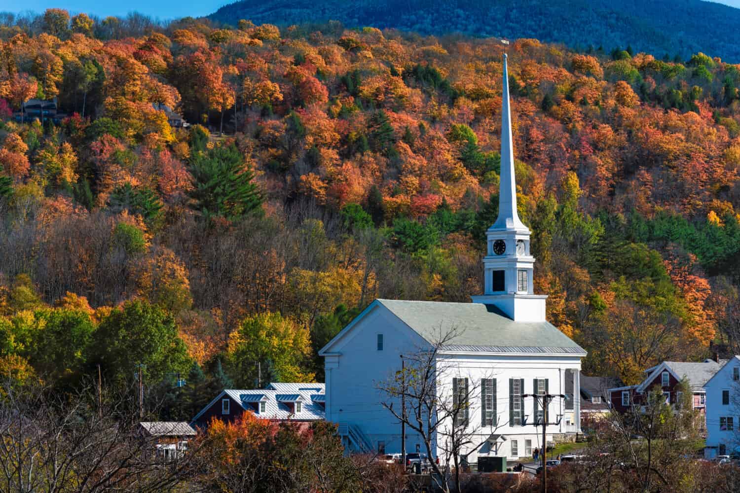 White Community Church in famous ski town of Stowe in Vermont at fall