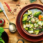 Diet vegetable soup with mushrooms and broccoli