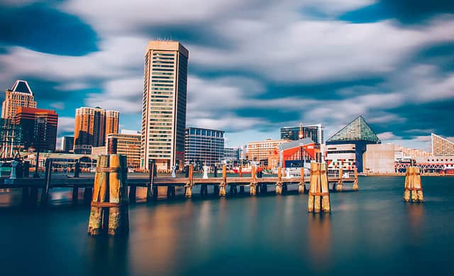 Mid-day long exposure of the Baltimore Inner Harbor Skyline