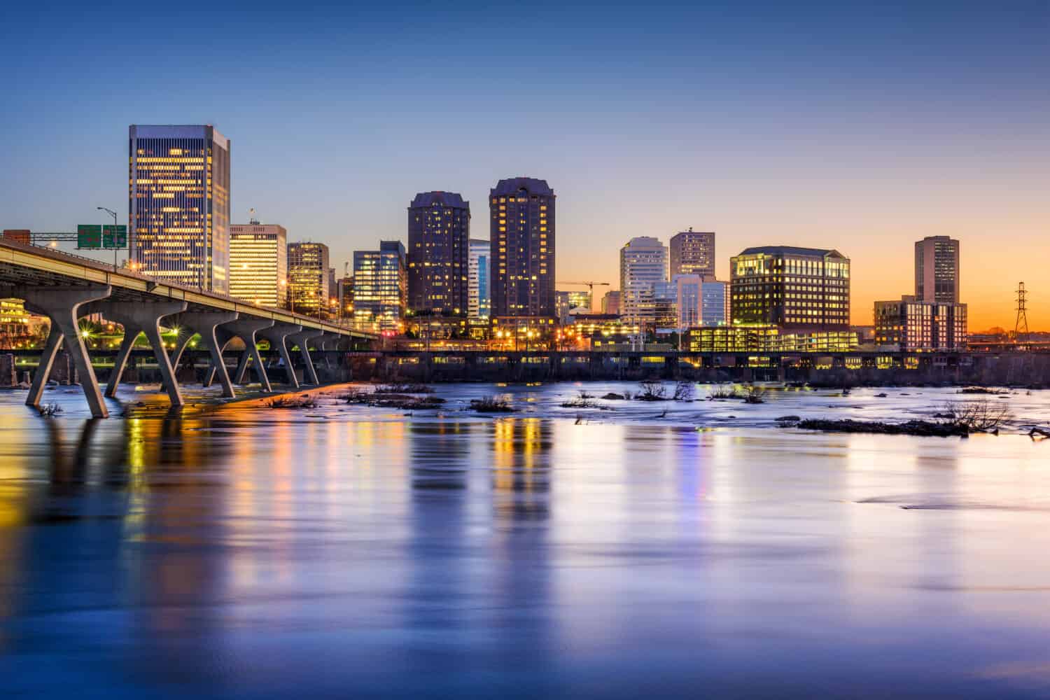 Richmond, Virginia, USA downtown skyline on the James River.