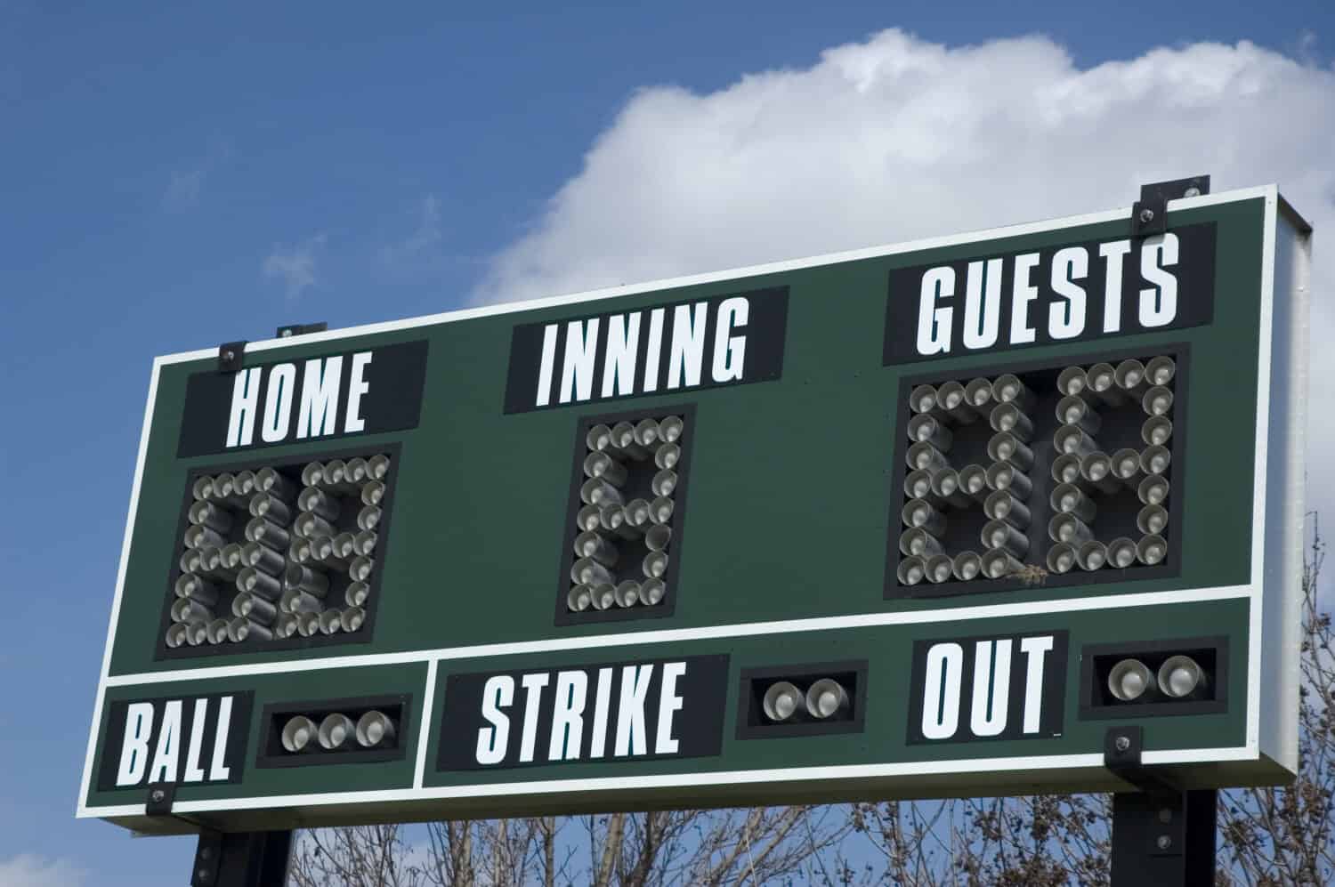 Scoreboard above softball field on a spring day, blue sky and cumulus cloud in background