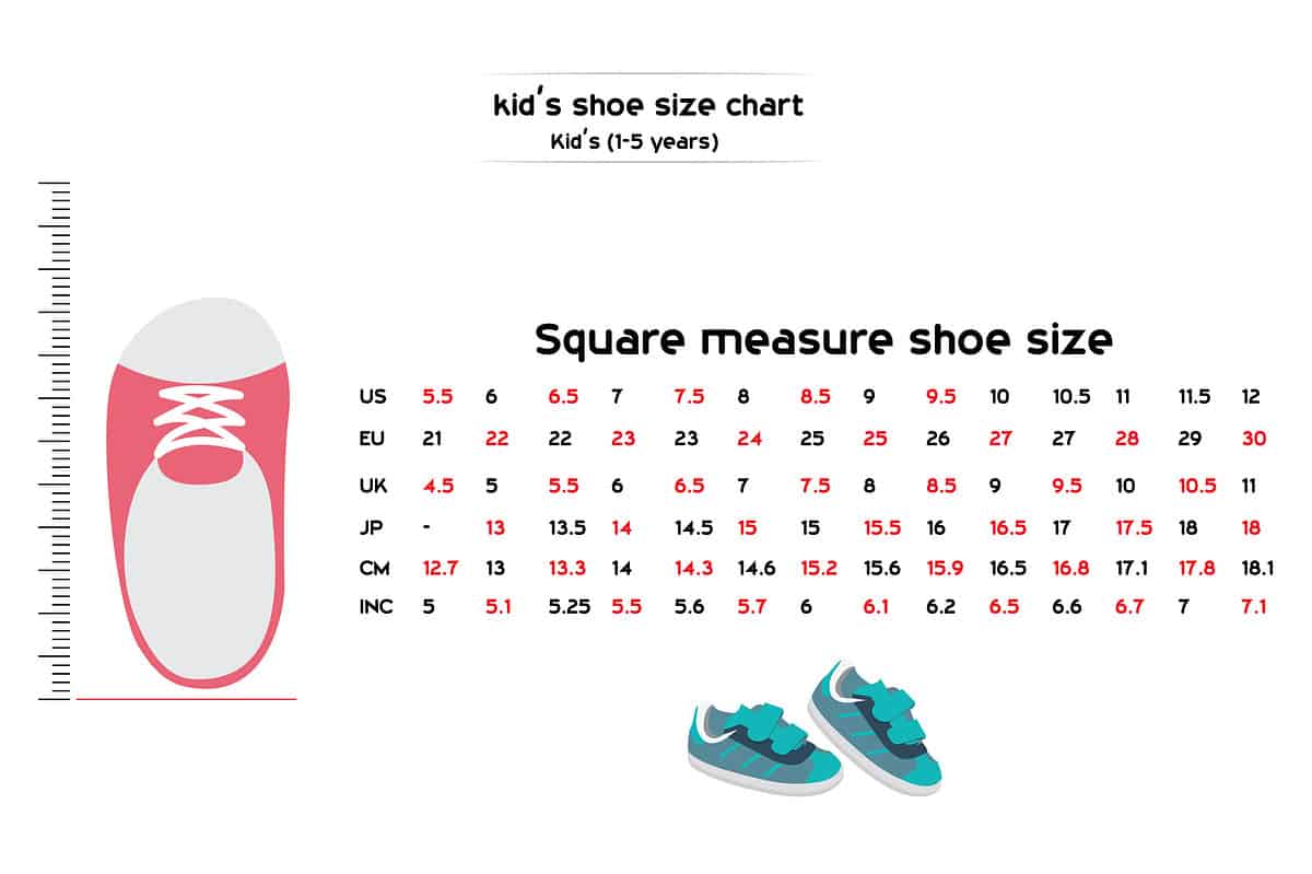 Kid shoe size chart for 1-5 years old