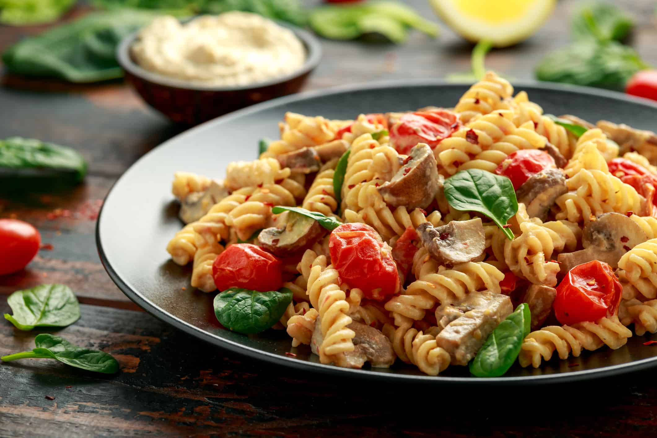 Healthy Creamy Hummus pasta with mushroom and roast tomatoes