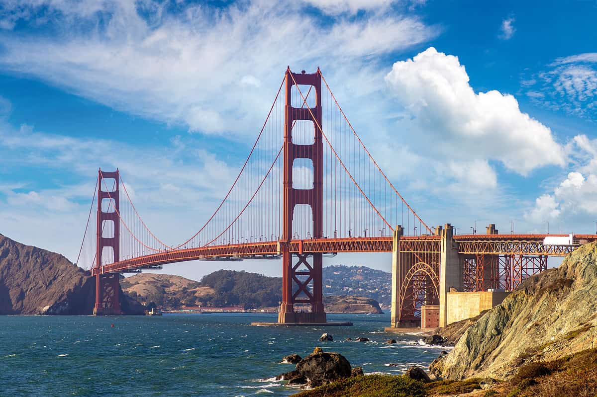 Golden Gate Bridge seen from Marshall beach in San Francisco, California, USA