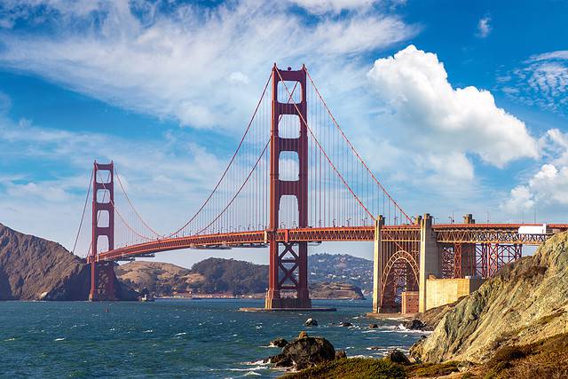 Golden Gate Bridge seen from Marshall beach in San Francisco, California, USA