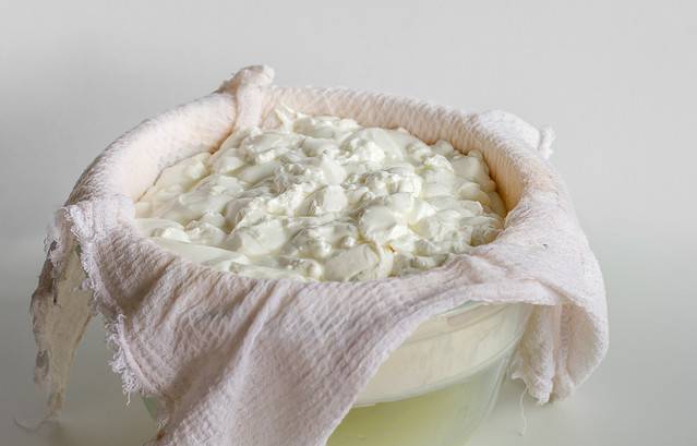 Mess of fermented cheese or cottage cheese or greek yogurt on waffle towel to separate it from whey