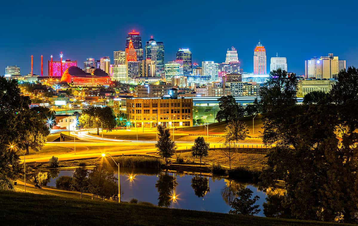 Kansas City skyline by night, viewed from Penn Valley Park. Kansas City is the largest city in Missouri.