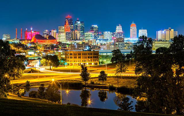 Kansas City skyline by night, viewed from Penn Valley Park. Kansas City is the largest city in Missouri.