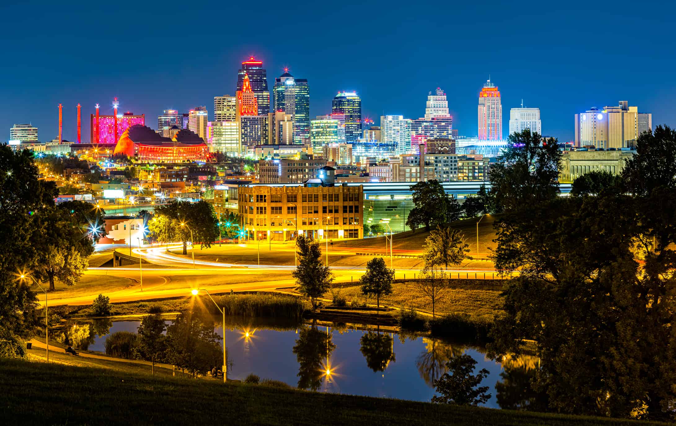 Kansas City skyline by night, viewed from Penn Valley Park. Kansas City is the largest city in Missouri.